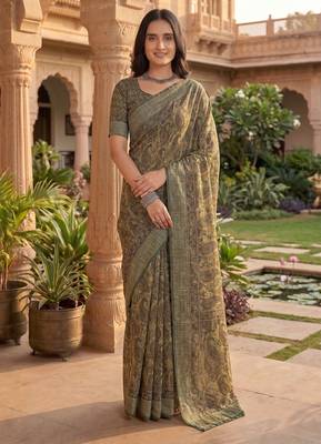 green & beige chanderi paisley printed ready to wear saree 1