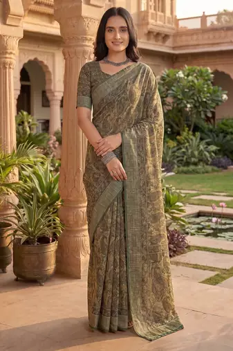 green & beige chanderi paisley printed ready to wear saree