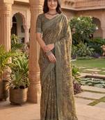 green & beige chanderi paisley printed ready to wear saree