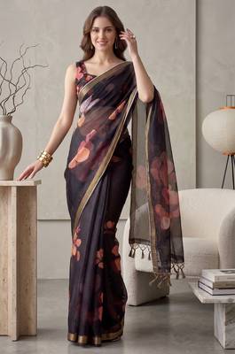 black linen floral bollywood digital print saree 1