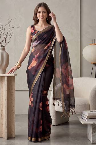 black linen floral bollywood digital print saree