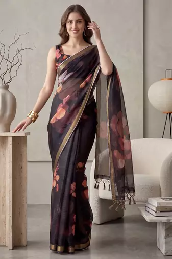 black linen floral bollywood digital print saree