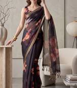 black linen floral bollywood digital print saree