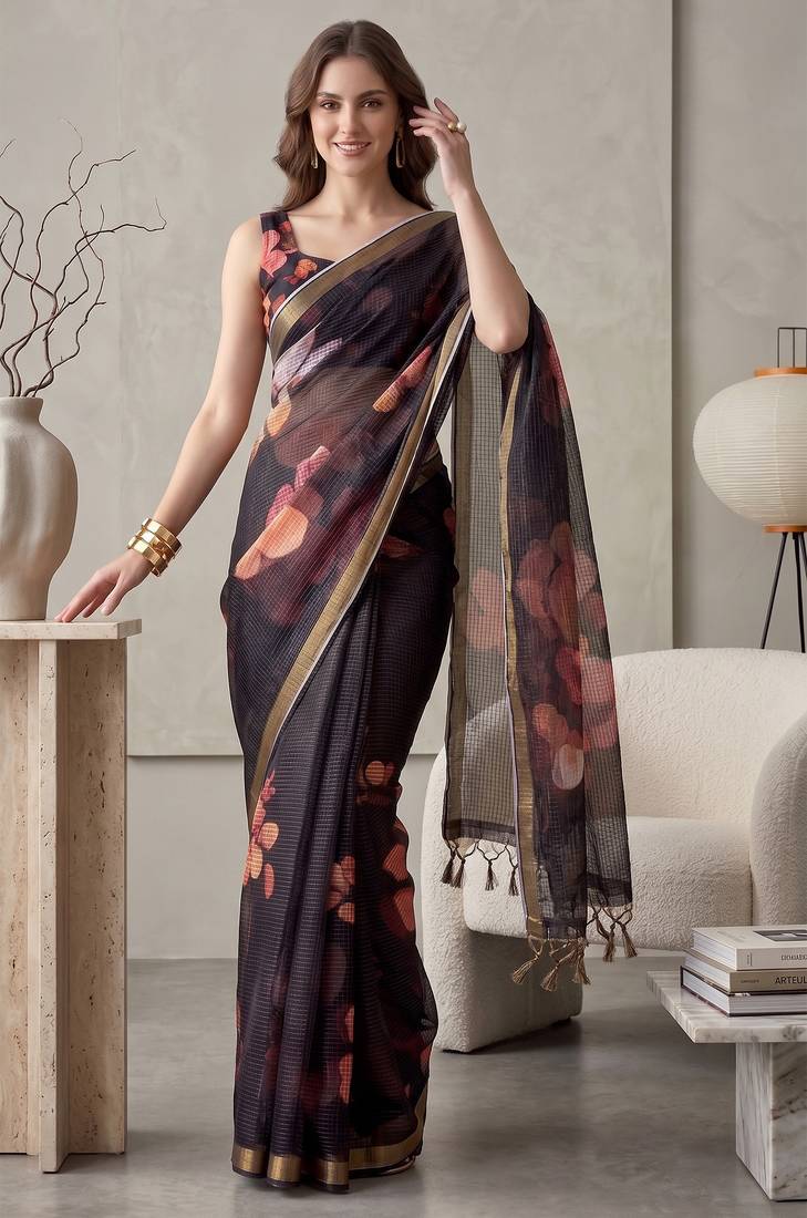 black linen floral bollywood digital print saree