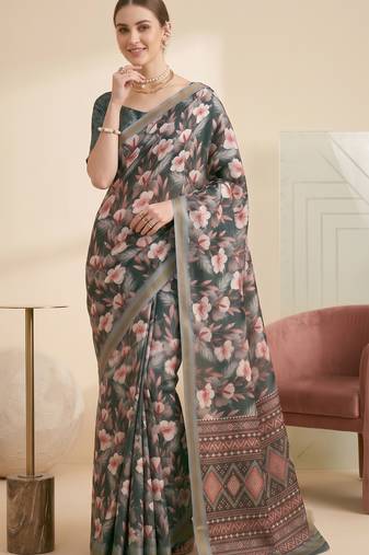 Gray linen floral bollywood digital print saree