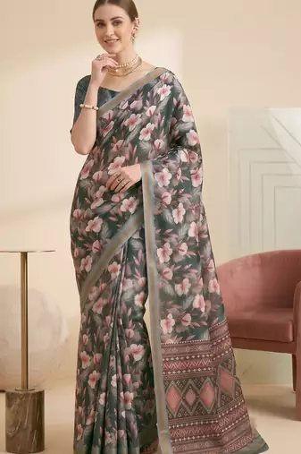 Gray linen floral bollywood digital print saree