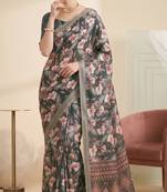 Gray linen floral bollywood digital print saree