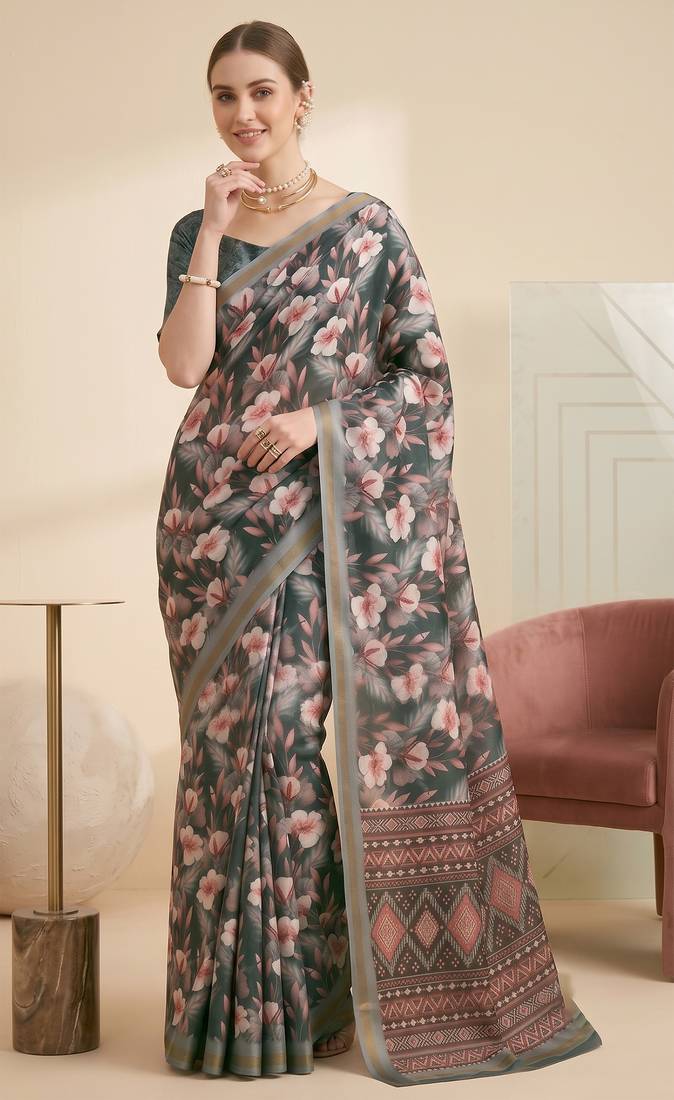 Gray linen floral bollywood digital print saree
