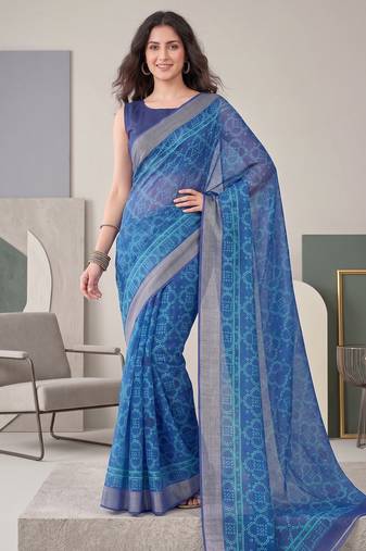 indigo blue chanderi bandhani digital print bollywood saree