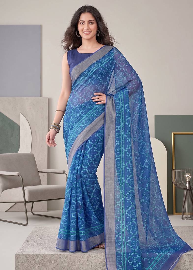 indigo blue chanderi bandhani digital print bollywood saree