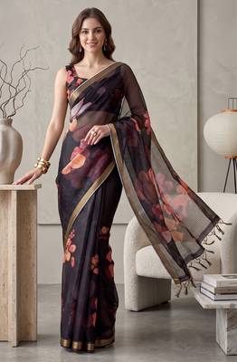 black linen floral bollywood digital print saree 2