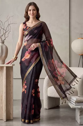 black linen floral bollywood digital print saree