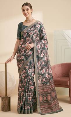 Gray linen floral bollywood digital print saree 2