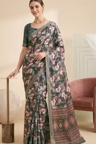 Gray linen floral bollywood digital print saree