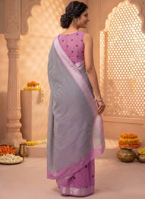 pink chanderi striped printed ready to wear saree 4