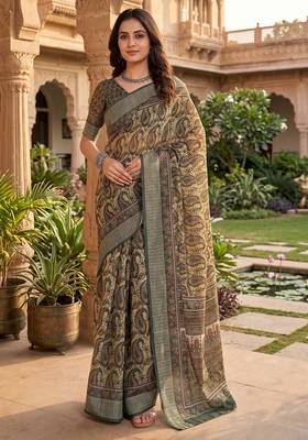 green & beige chanderi paisley printed ready to wear saree 2