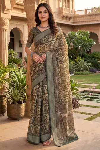 green & beige chanderi paisley printed ready to wear saree