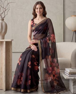 black linen floral bollywood digital print saree 3