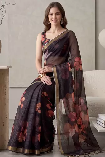 black linen floral bollywood digital print saree