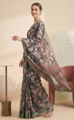 Gray linen floral bollywood digital print saree 3