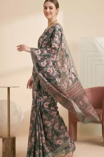 Gray linen floral bollywood digital print saree