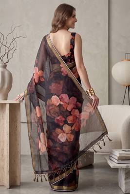 black linen floral bollywood digital print saree 4