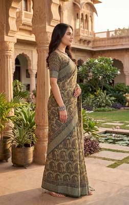 green & beige chanderi paisley printed ready to wear saree 3