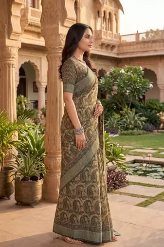 green & beige chanderi paisley printed ready to wear saree
