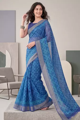 indigo blue chanderi bandhani digital print bollywood saree