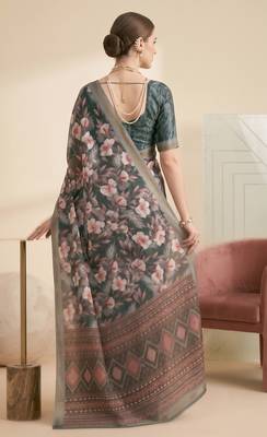 Gray linen floral bollywood digital print saree 4