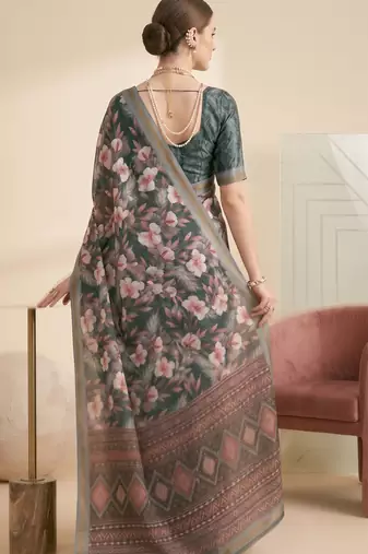Gray linen floral bollywood digital print saree