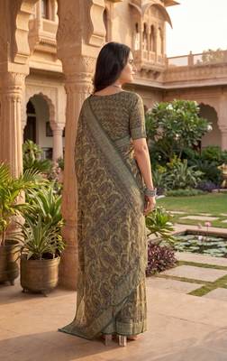 green & beige chanderi paisley printed ready to wear saree 4