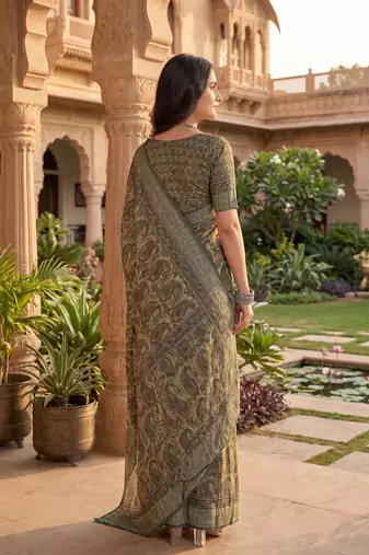 green & beige chanderi paisley printed ready to wear saree