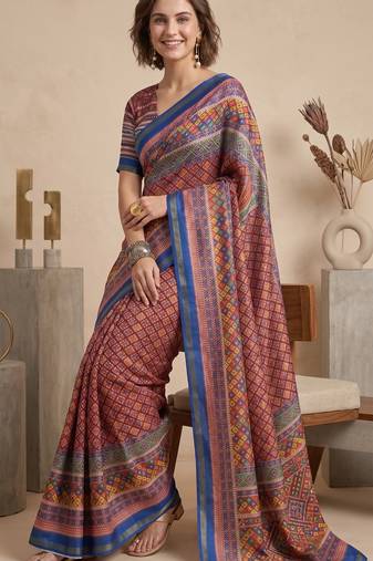 multicolor linen geometric bollywood digital print saree
