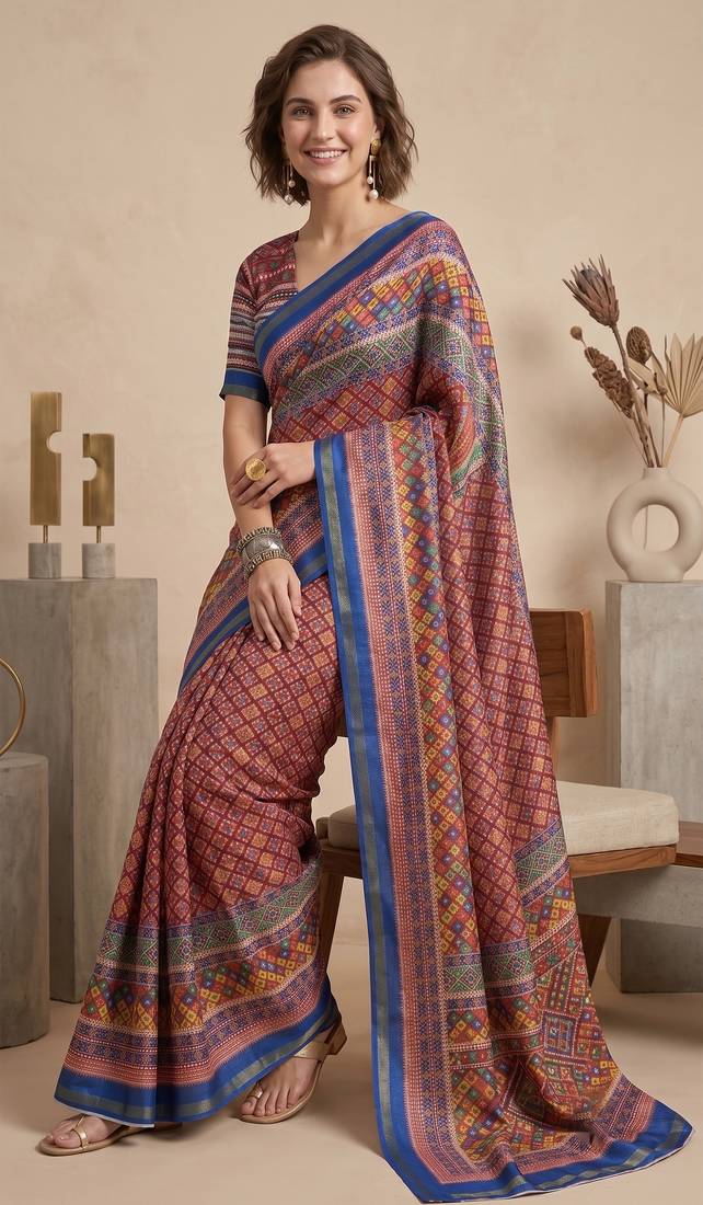 multicolor linen geometric bollywood digital print saree