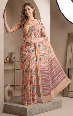 Beige linen floral bollywood digital print saree 1
