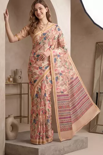 Beige linen floral bollywood digital print saree