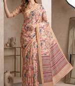 Beige linen floral bollywood digital print saree