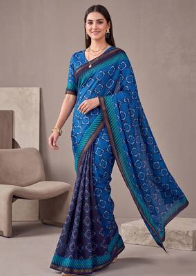 Royal blue linen geometric bollywood digital print saree 1