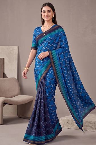Royal blue linen geometric bollywood digital print saree