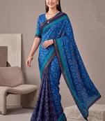 Royal blue linen geometric bollywood digital print saree