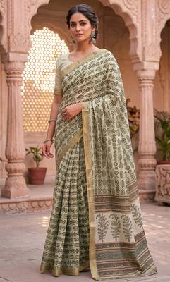 cream & green chanderi graphic printed ready to wear saree 1