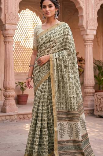 cream & green chanderi graphic printed ready to wear saree