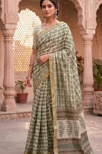 cream & green chanderi graphic printed ready to wear saree