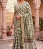 cream & green chanderi graphic printed ready to wear saree