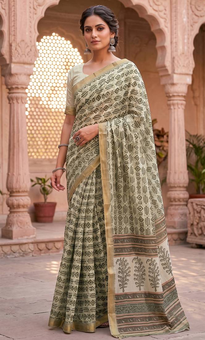 cream & green chanderi graphic printed ready to wear saree