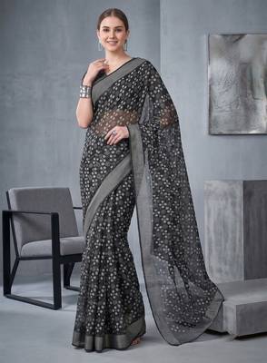 black chanderi block print digital print bollywood saree 1