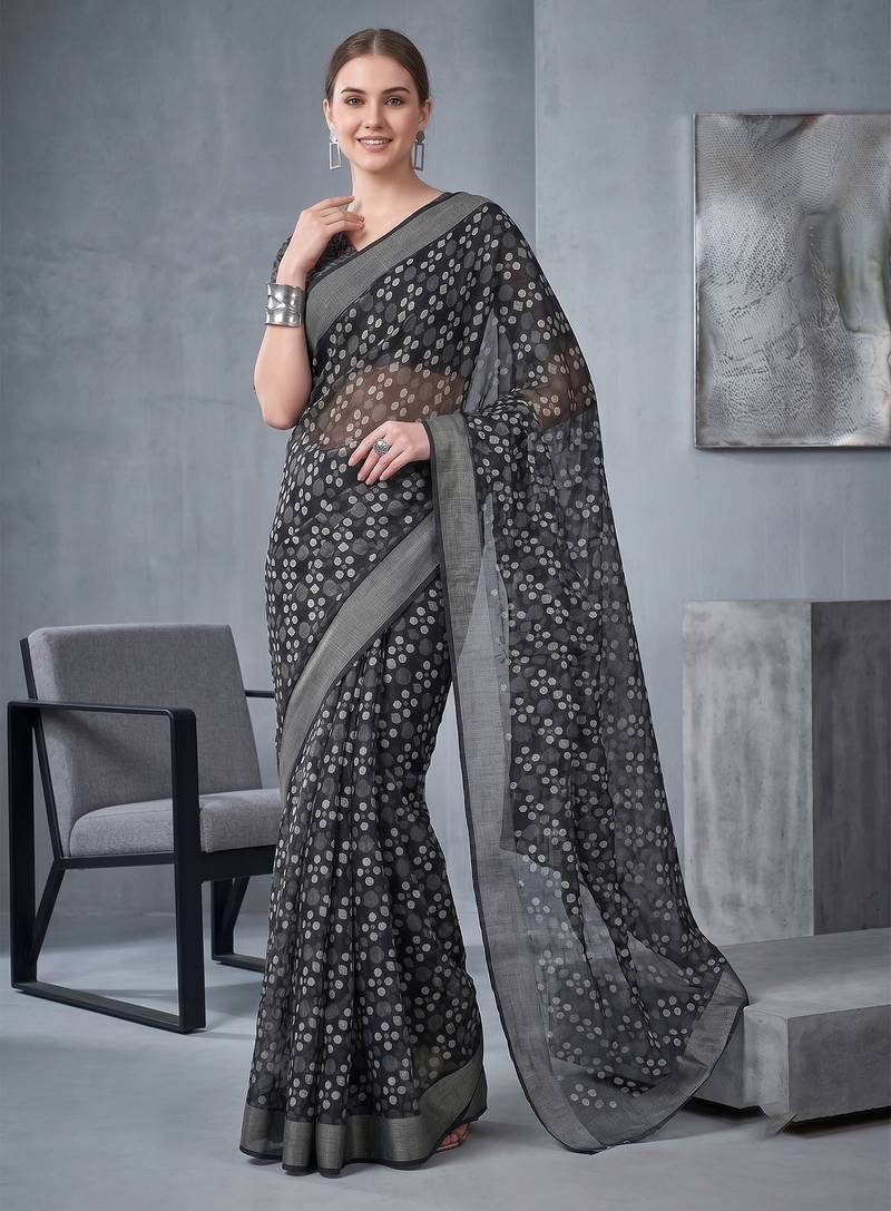 black chanderi block print digital print bollywood saree