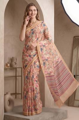 Beige linen floral bollywood digital print saree 2