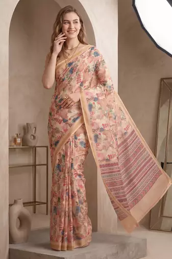 Beige linen floral bollywood digital print saree